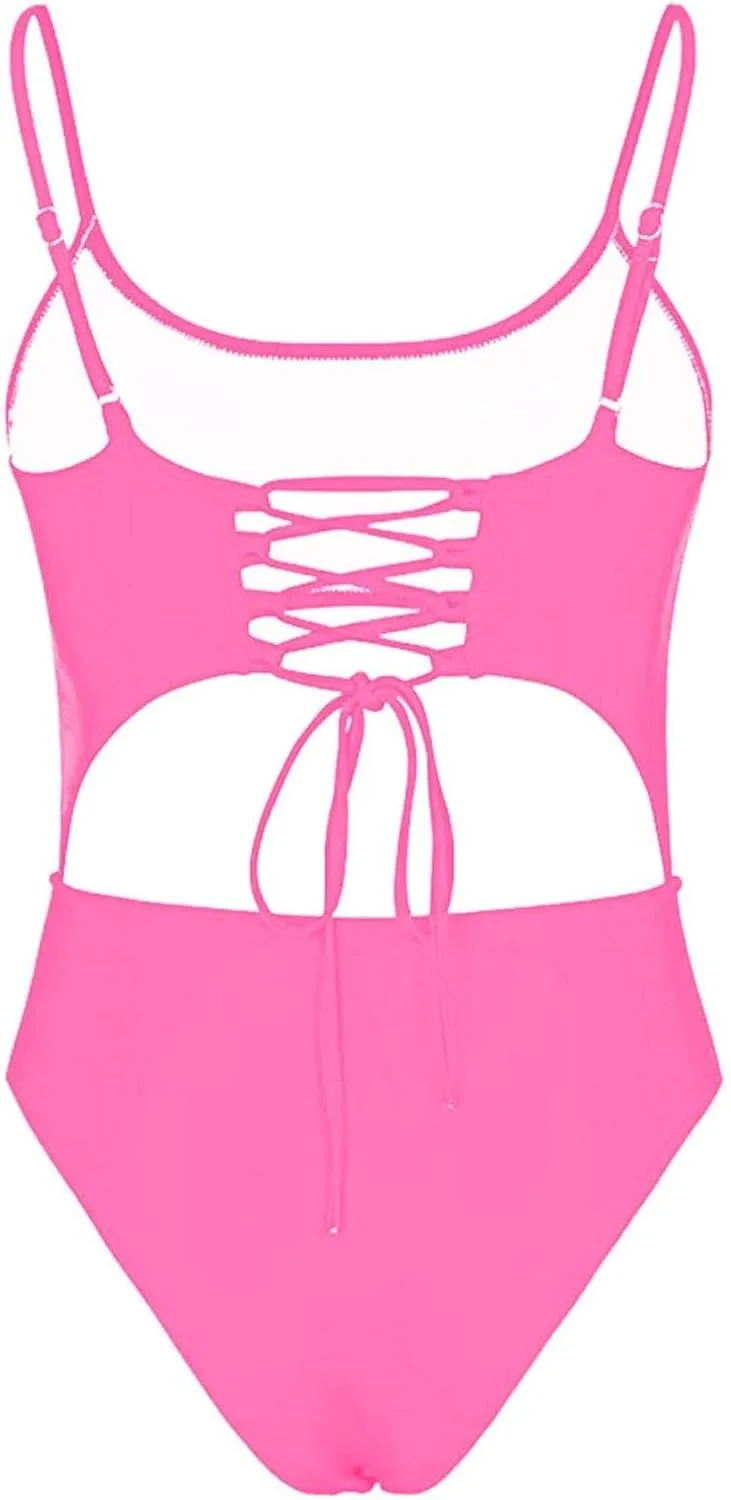 Women's One Piece Spaghetti Strap Swimsuits Tummy Control Cut Out Lace Up Back Scoop Neck Bathing Suits Swimwear