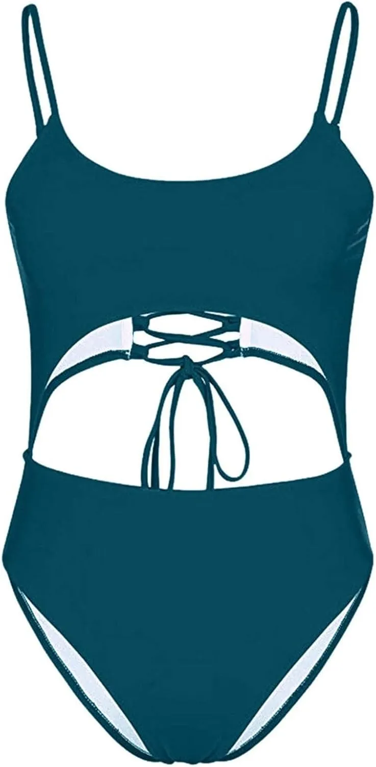 Women's One Piece Spaghetti Strap Swimsuits Tummy Control Cut Out Lace Up Back Scoop Neck Bathing Suits Swimwear