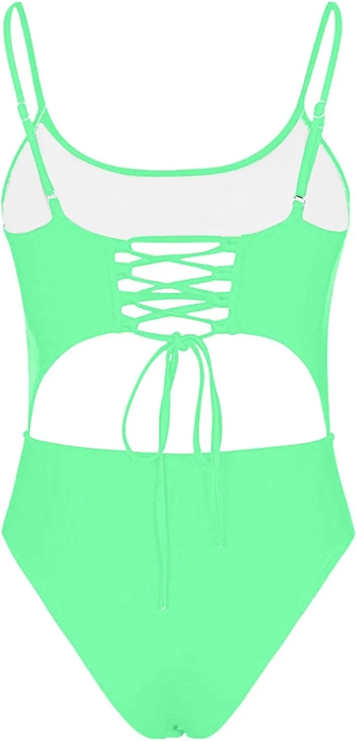 Women's One Piece Spaghetti Strap Swimsuits Tummy Control Cut Out Lace Up Back Scoop Neck Bathing Suits Swimwear