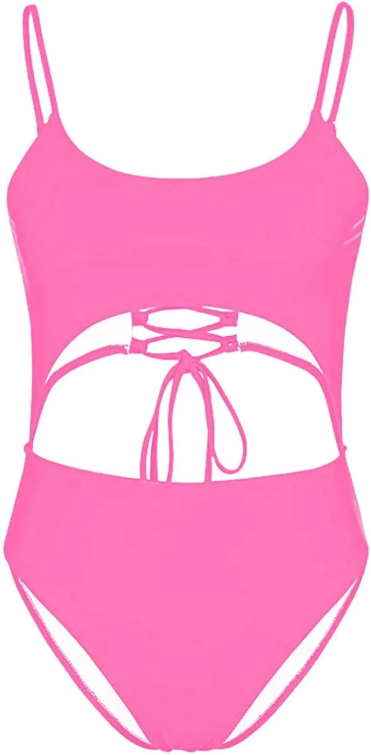 Women's One Piece Spaghetti Strap Swimsuits Tummy Control Cut Out Lace Up Back Scoop Neck Bathing Suits Swimwear