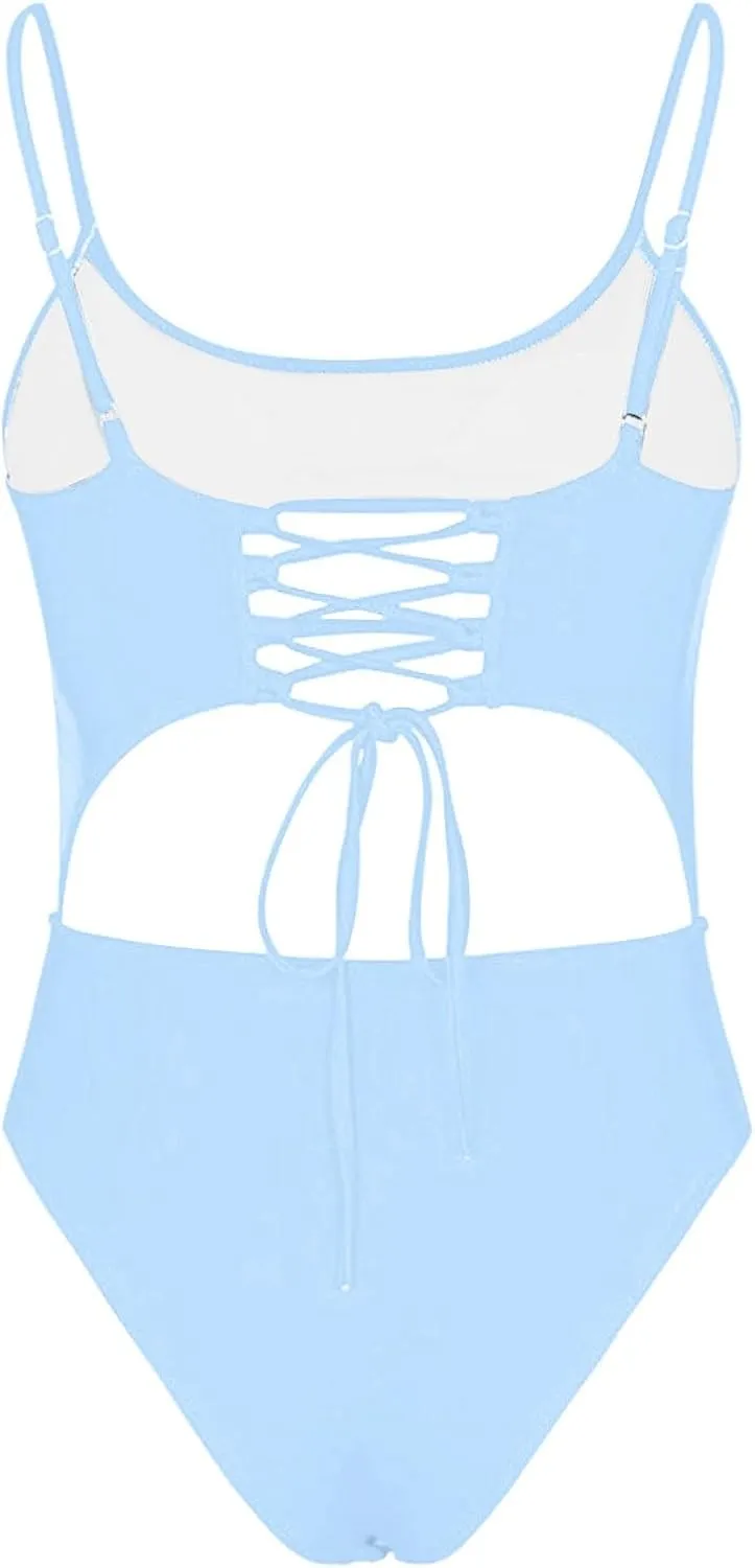 Women's One Piece Spaghetti Strap Swimsuits Tummy Control Cut Out Lace Up Back Scoop Neck Bathing Suits Swimwear