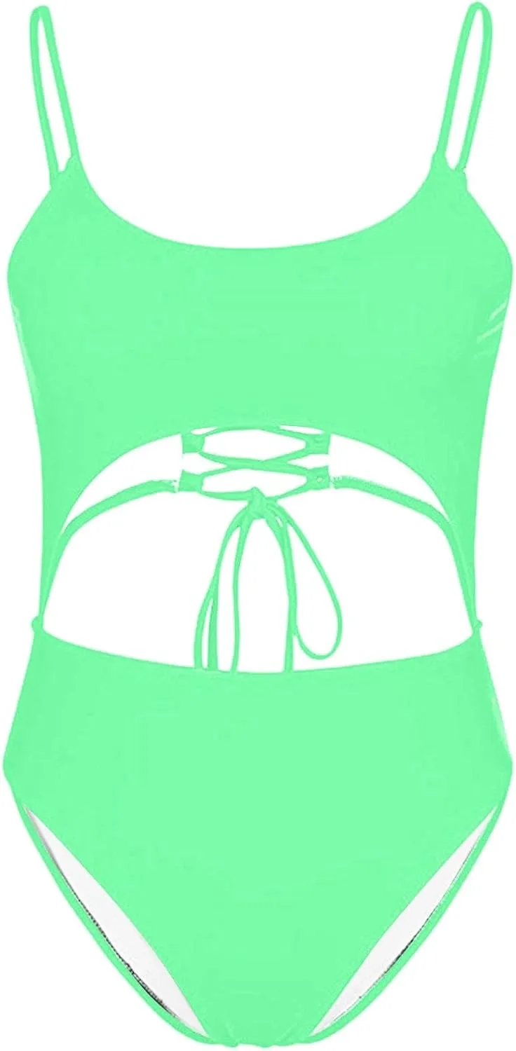 Women's One Piece Spaghetti Strap Swimsuits Tummy Control Cut Out Lace Up Back Scoop Neck Bathing Suits Swimwear