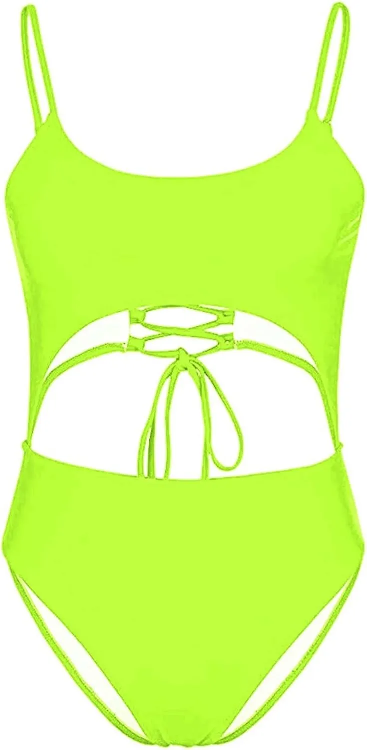Women's One Piece Spaghetti Strap Swimsuits Tummy Control Cut Out Lace Up Back Scoop Neck Bathing Suits Swimwear
