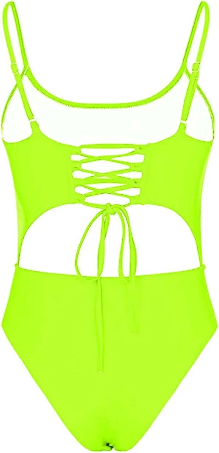 Women's One Piece Spaghetti Strap Swimsuits Tummy Control Cut Out Lace Up Back Scoop Neck Bathing Suits Swimwear
