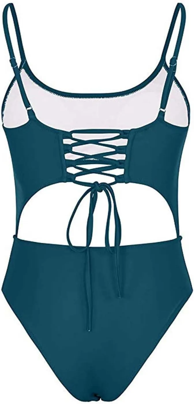 Women's One Piece Spaghetti Strap Swimsuits Tummy Control Cut Out Lace Up Back Scoop Neck Bathing Suits Swimwear