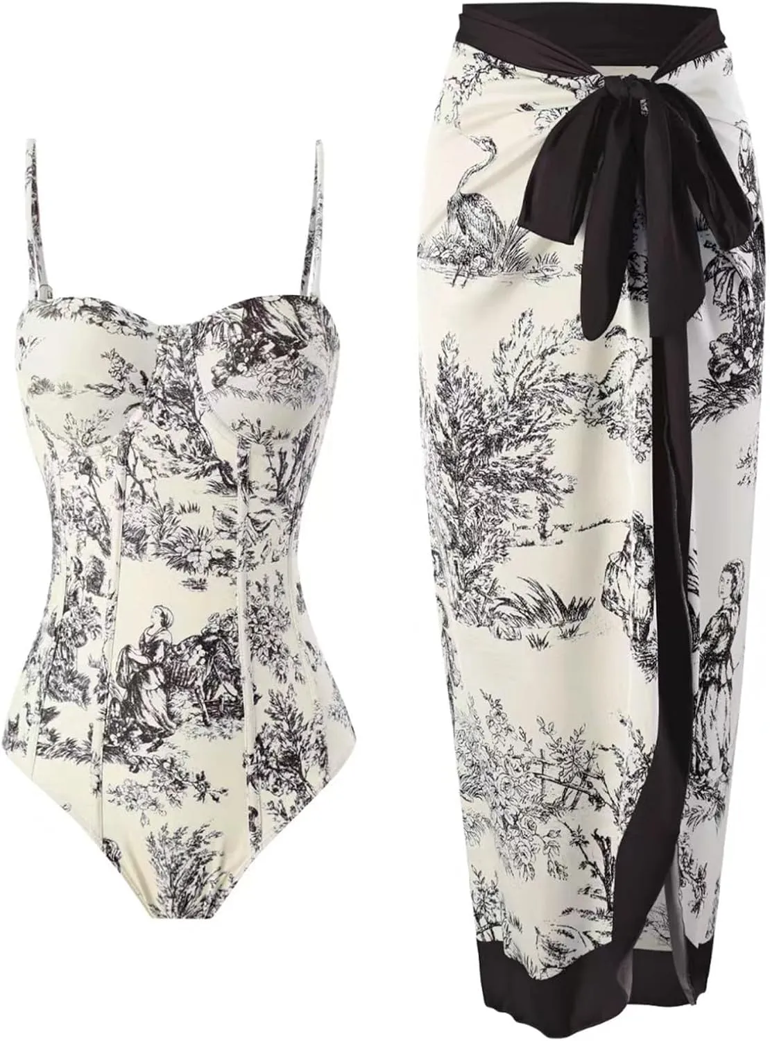 Womens One Piece Swimsuit with Matching Cover Ups Sexy Bikini Set Retro Floral Two Piece Bathing Suit with Sarong
