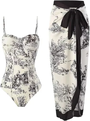 Womens One Piece Swimsuit with Matching Cover Ups Sexy Bikini Set Retro Floral Two Piece Bathing Suit with Sarong