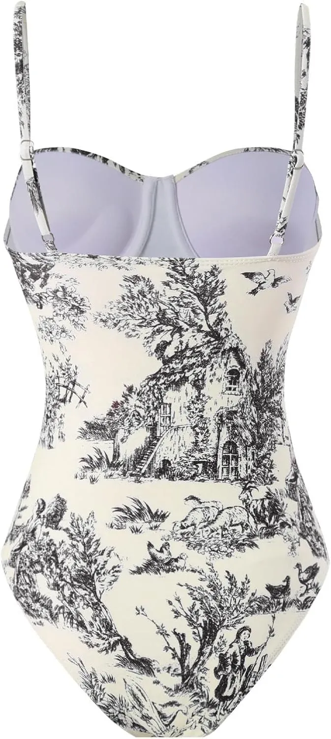 Womens One Piece Swimsuit with Matching Cover Ups Sexy Bikini Set Retro Floral Two Piece Bathing Suit with Sarong