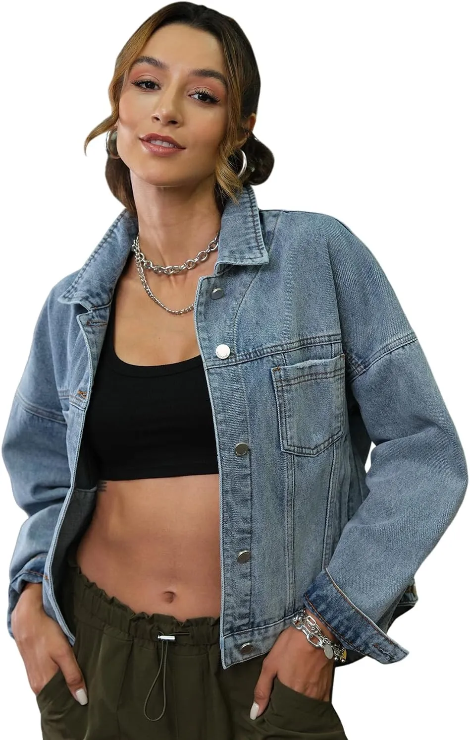 Womens Opal Swing Denim Jacket Distressed Ripped Button Front Jean Jackets with Pockets Y2K Clothing