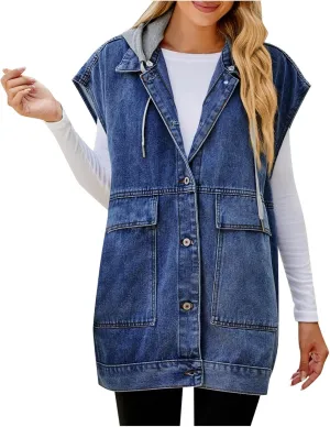 Women's Outerwear Vests New Denim Vest Camisole Summer Fashion Trend Denim Sleeveless Vest with Hat Jacket