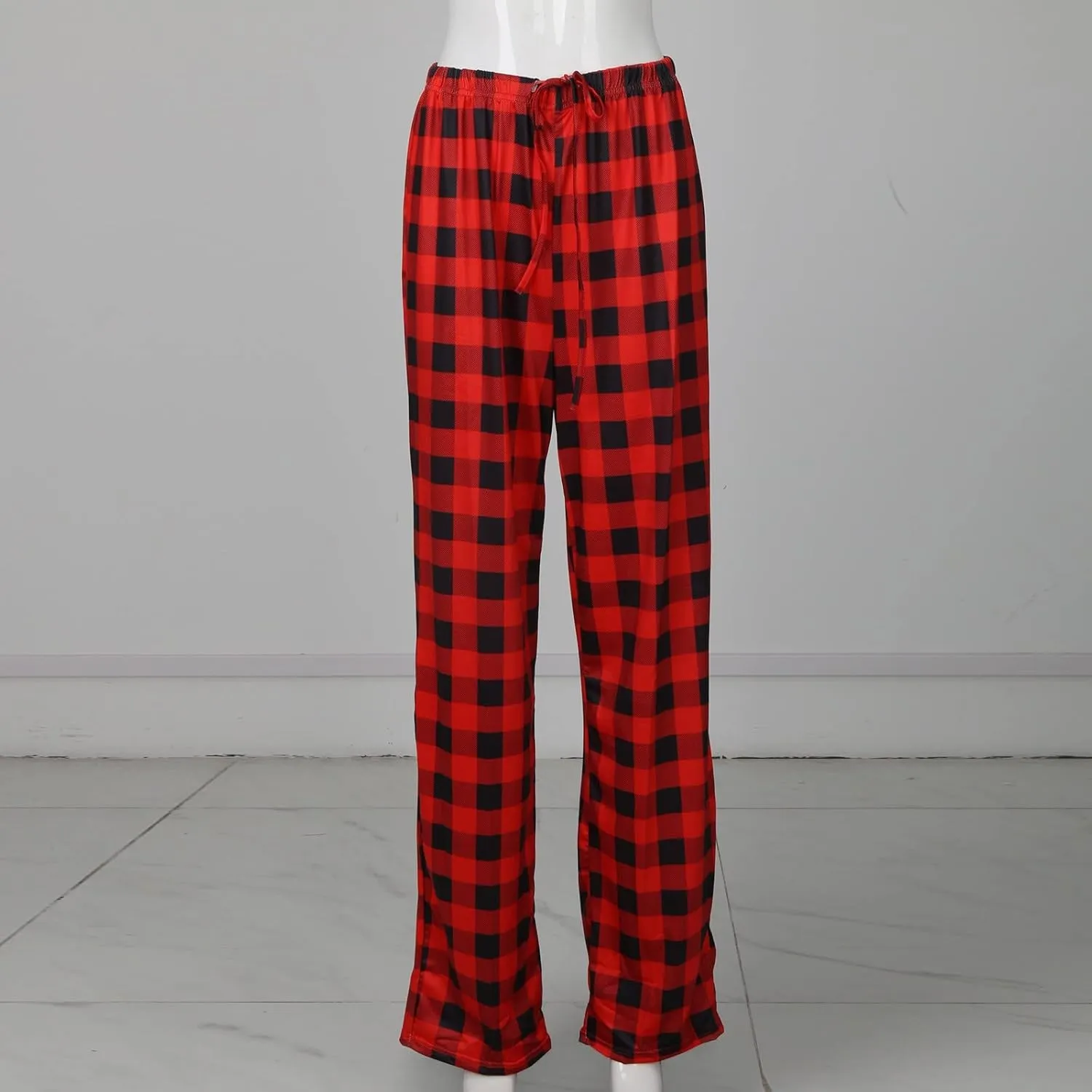 Womens Pajamas Pants 2025 Lounge Cute Plaid Pants Soft Comfy Drawstring Wide Leg Trousers Bell Bottom Sleep Clothing