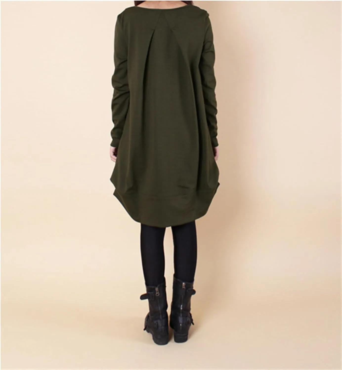 Womens Pleated Plus Size Midi Dress Crew Neck Long Sleeve Solid Color Loose Retro Flowy A Line Dress with Pockets