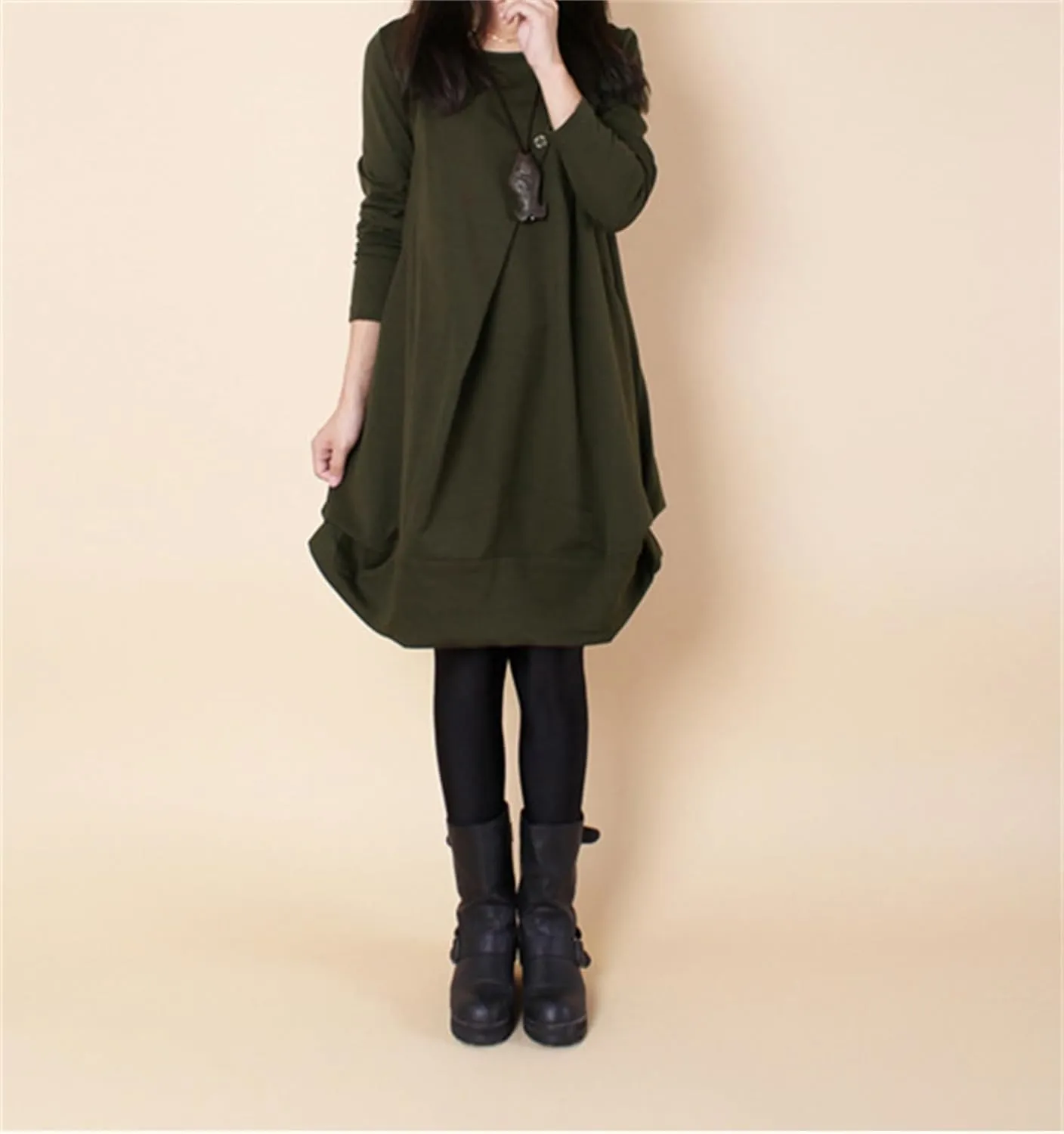 Womens Pleated Plus Size Midi Dress Crew Neck Long Sleeve Solid Color Loose Retro Flowy A Line Dress with Pockets