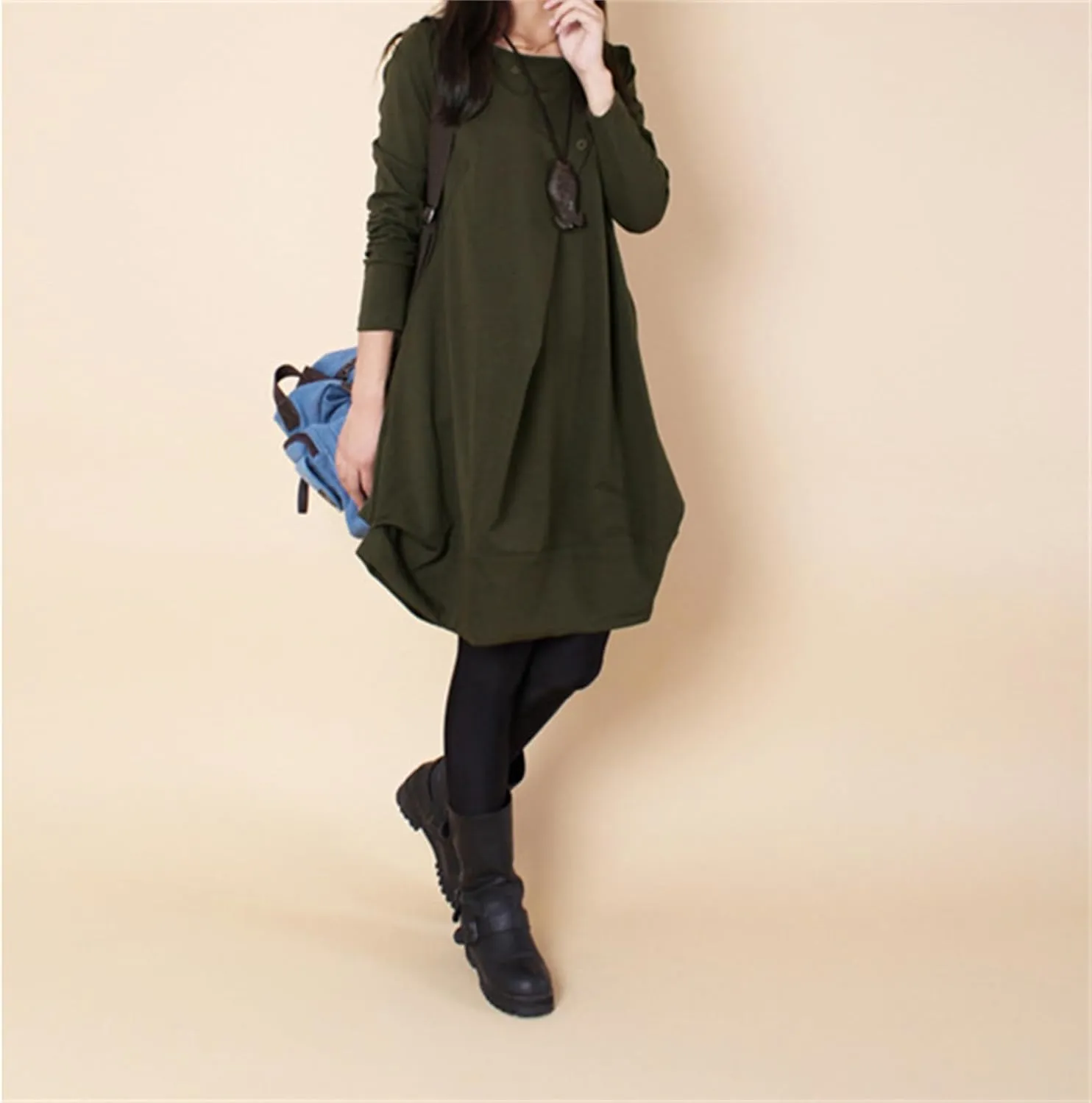 Womens Pleated Plus Size Midi Dress Crew Neck Long Sleeve Solid Color Loose Retro Flowy A Line Dress with Pockets