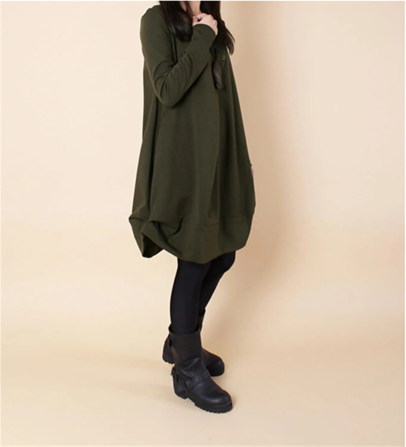 Womens Pleated Plus Size Midi Dress Crew Neck Long Sleeve Solid Color Loose Retro Flowy A Line Dress with Pockets