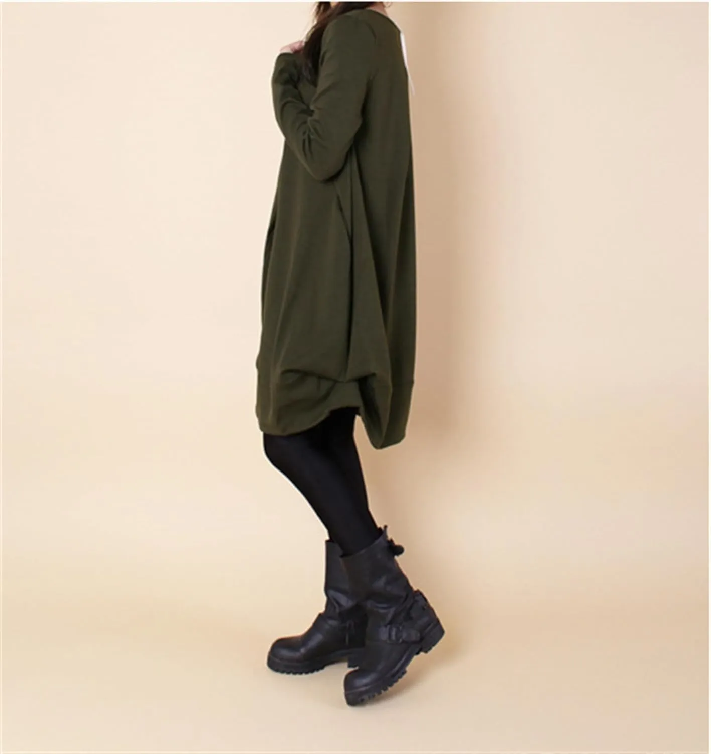 Womens Pleated Plus Size Midi Dress Crew Neck Long Sleeve Solid Color Loose Retro Flowy A Line Dress with Pockets
