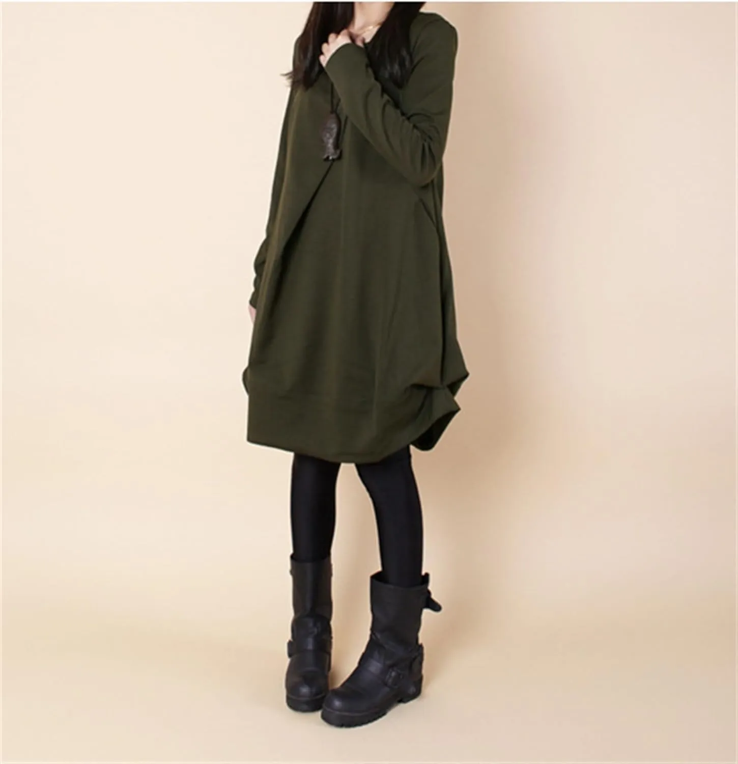Womens Pleated Plus Size Midi Dress Crew Neck Long Sleeve Solid Color Loose Retro Flowy A Line Dress with Pockets