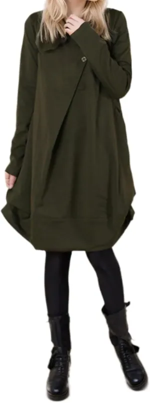 Womens Pleated Plus Size Midi Dress Crew Neck Long Sleeve Solid Color Loose Retro Flowy A Line Dress with Pockets