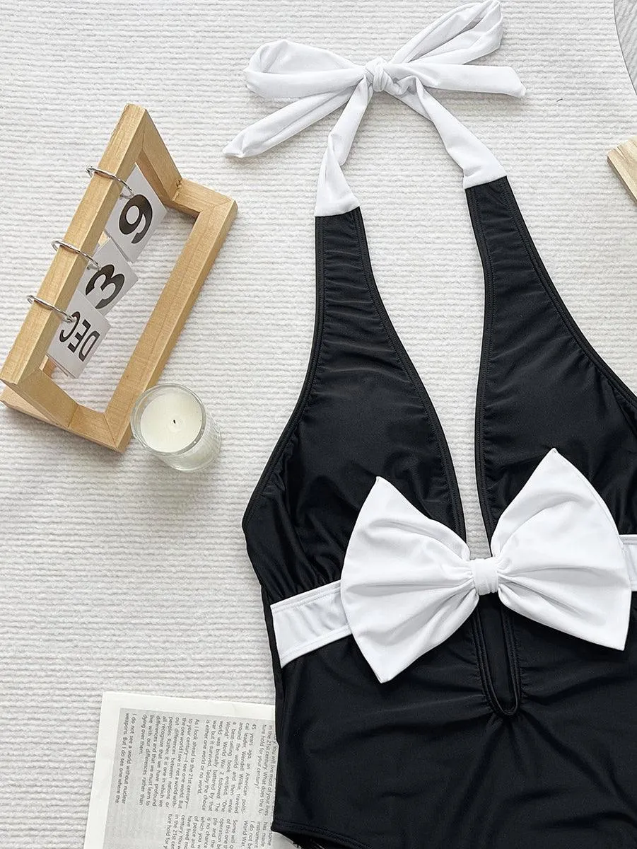 Women's Plunge Halter Bathing Suits - Bow Tie One-Piece Swimsuit