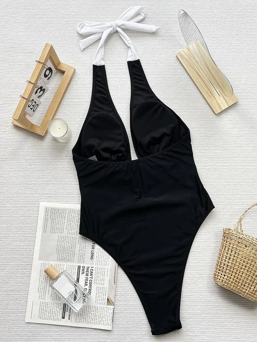 Women's Plunge Halter Bathing Suits - Bow Tie One-Piece Swimsuit
