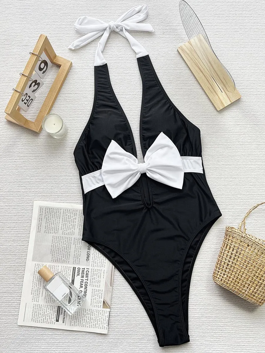 Women's Plunge Halter Bathing Suits - Bow Tie One-Piece Swimsuit