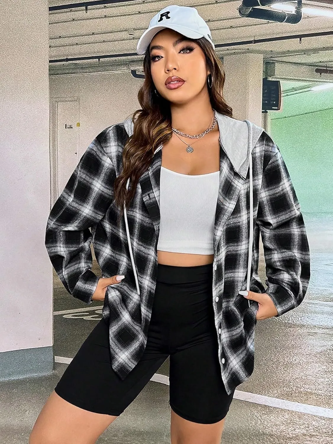 Women's Plus Size Plaid Print Button Up Hooded Coat Drawstring Long Sleeve Outerwear