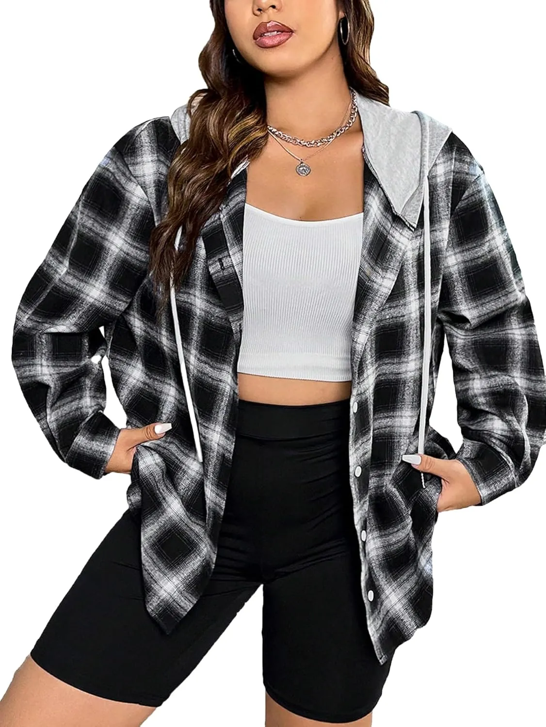 Women's Plus Size Plaid Print Button Up Hooded Coat Drawstring Long Sleeve Outerwear