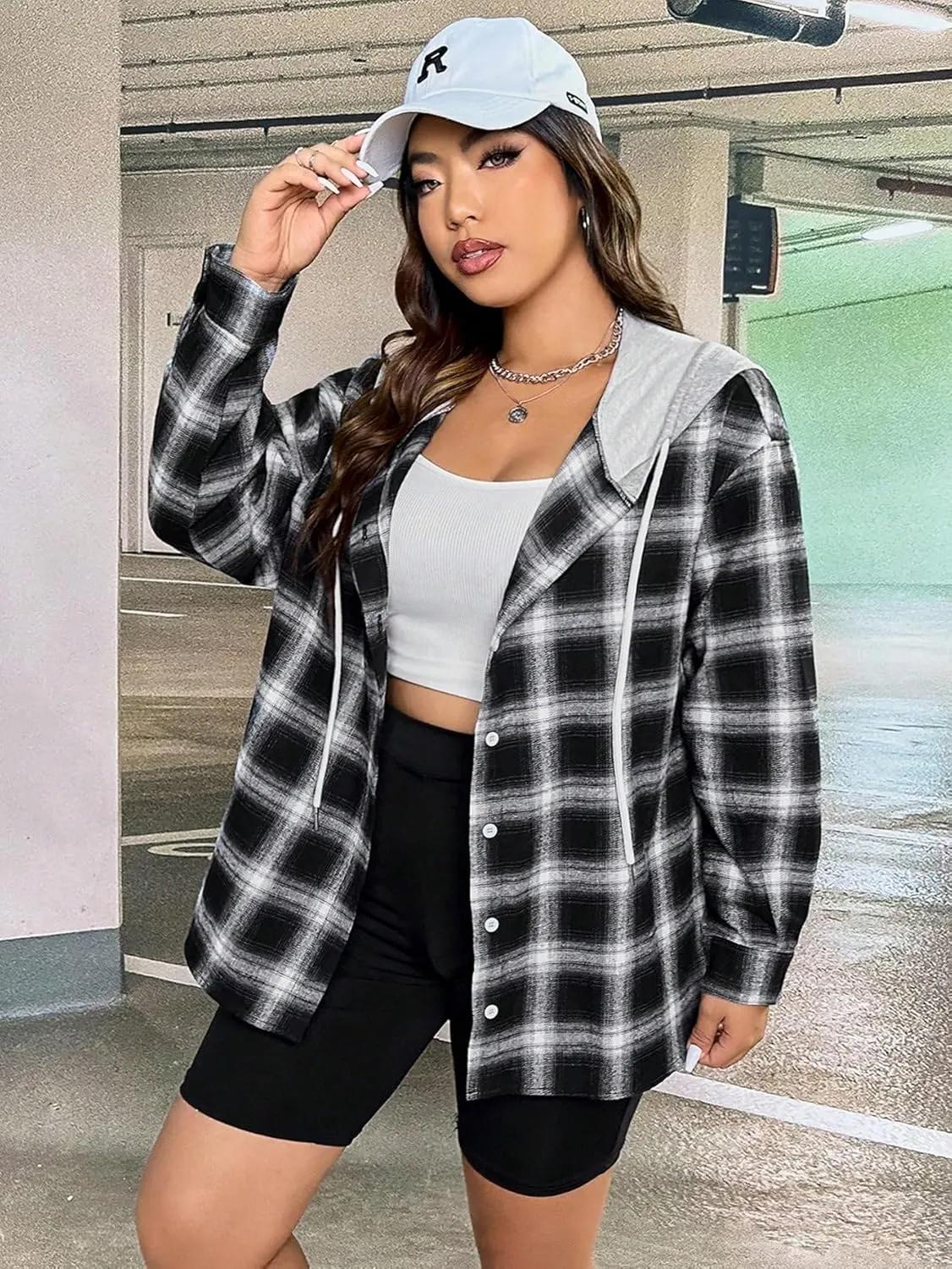 Women's Plus Size Plaid Print Button Up Hooded Coat Drawstring Long Sleeve Outerwear