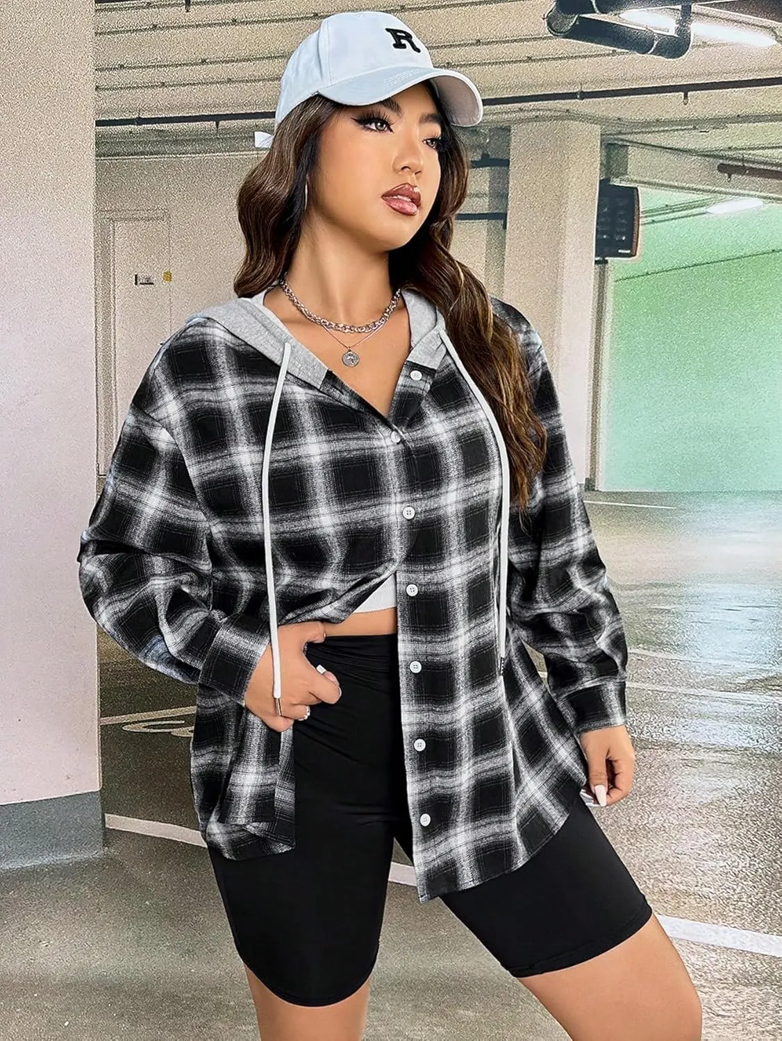 Women's Plus Size Plaid Print Button Up Hooded Coat Drawstring Long Sleeve Outerwear