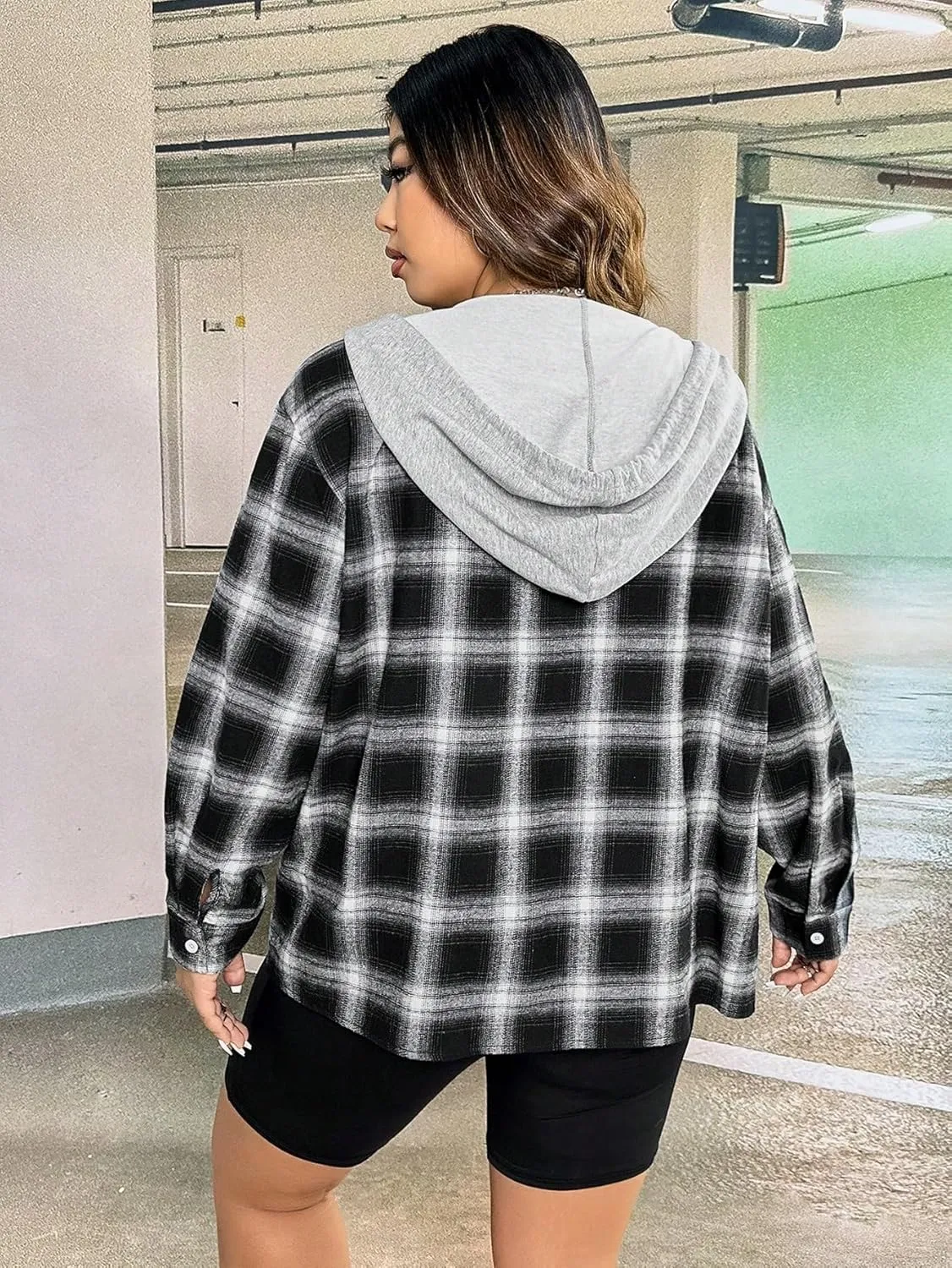Women's Plus Size Plaid Print Button Up Hooded Coat Drawstring Long Sleeve Outerwear