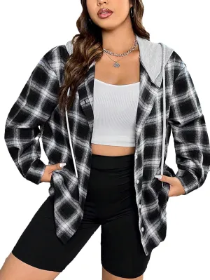 Women's Plus Size Plaid Print Button Up Hooded Coat Drawstring Long Sleeve Outerwear