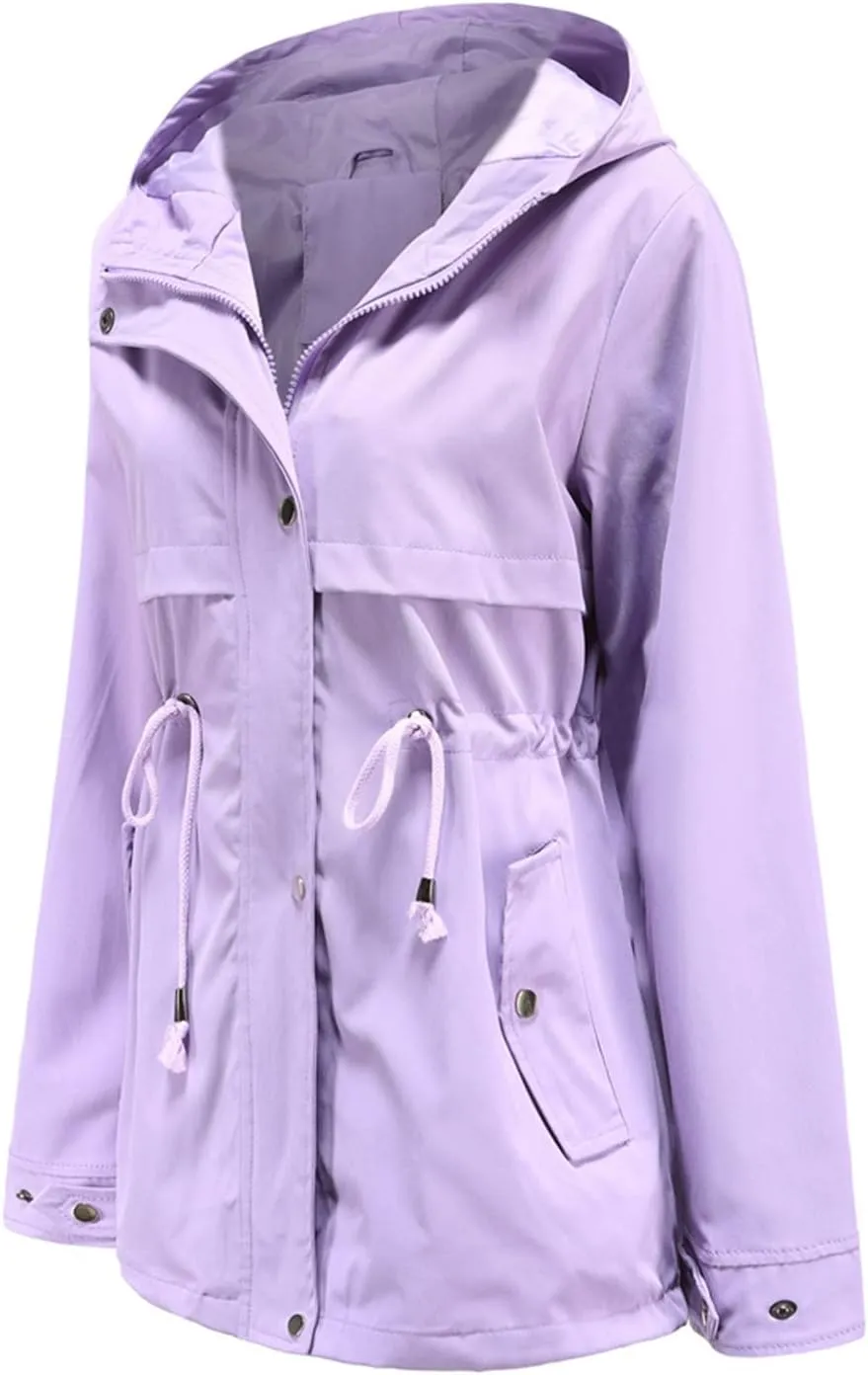 Women's Rain Jacket Waterproof Rain Coat with Hood Windproof Drawstring Adjustable Windbreaker Plus Size Outerwear