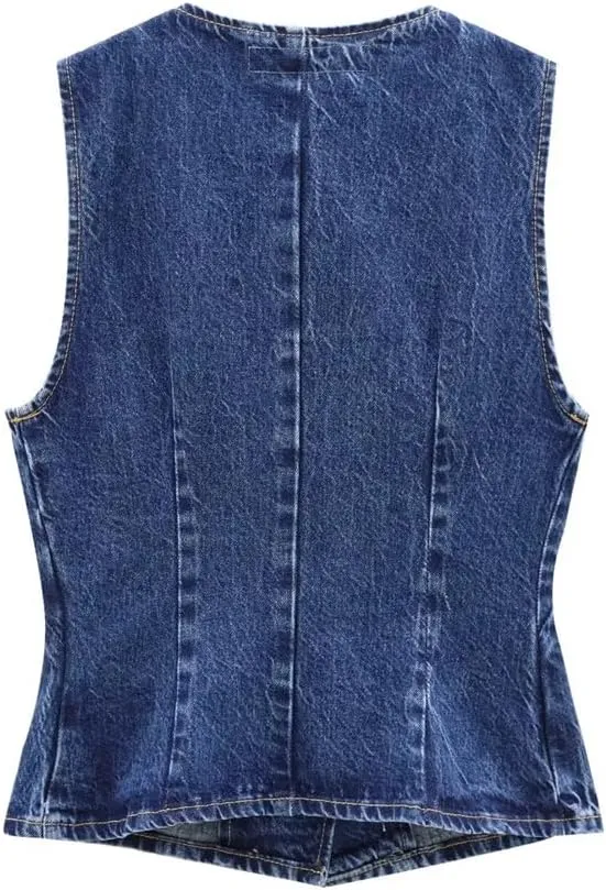 Women's Retro Y2k American Denim Vest Top, Casual Waist Cinched Sleeveless Cut Slim Fit Short Vest Jacket
