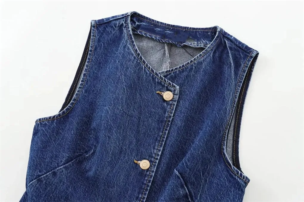 Women's Retro Y2k American Denim Vest Top, Casual Waist Cinched Sleeveless Cut Slim Fit Short Vest Jacket