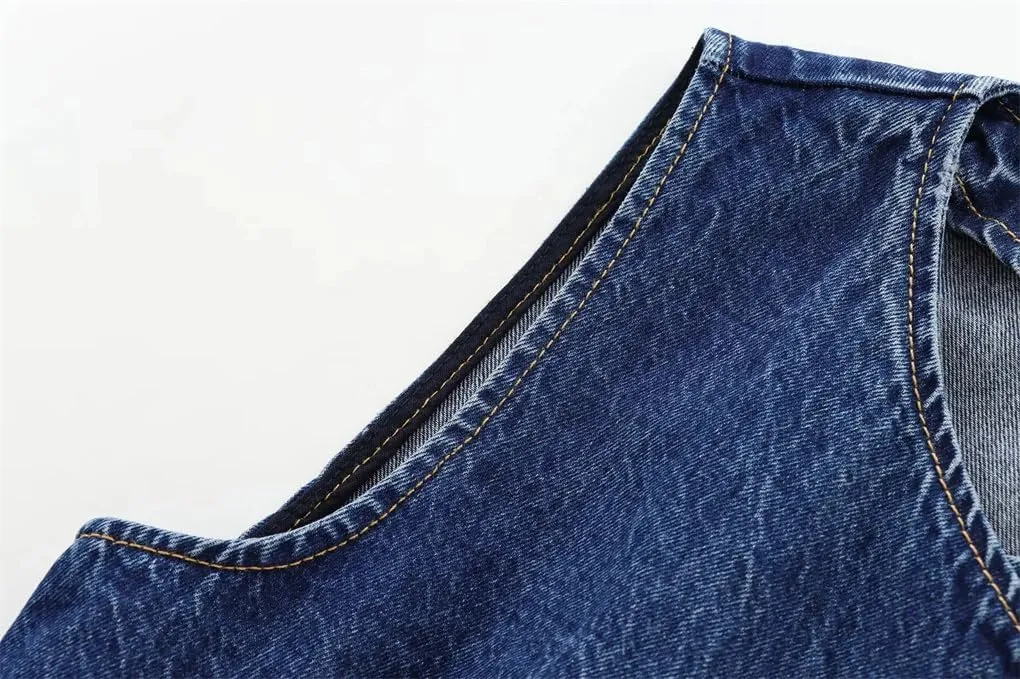 Women's Retro Y2k American Denim Vest Top, Casual Waist Cinched Sleeveless Cut Slim Fit Short Vest Jacket