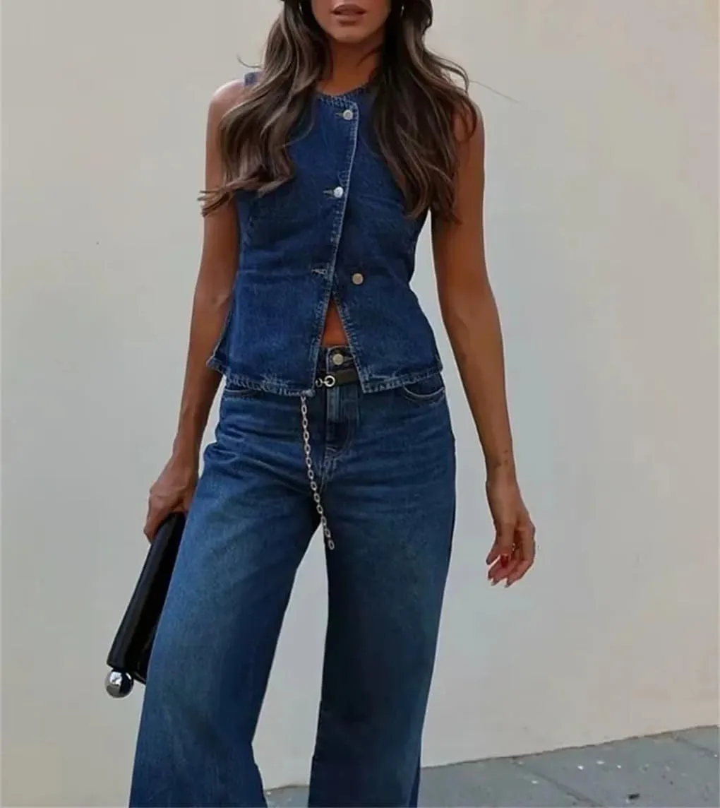 Women's Retro Y2k American Denim Vest Top, Casual Waist Cinched Sleeveless Cut Slim Fit Short Vest Jacket