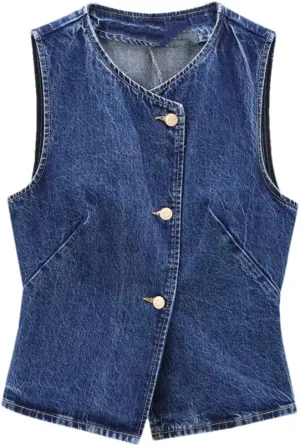 Women's Retro Y2k American Denim Vest Top, Casual Waist Cinched Sleeveless Cut Slim Fit Short Vest Jacket
