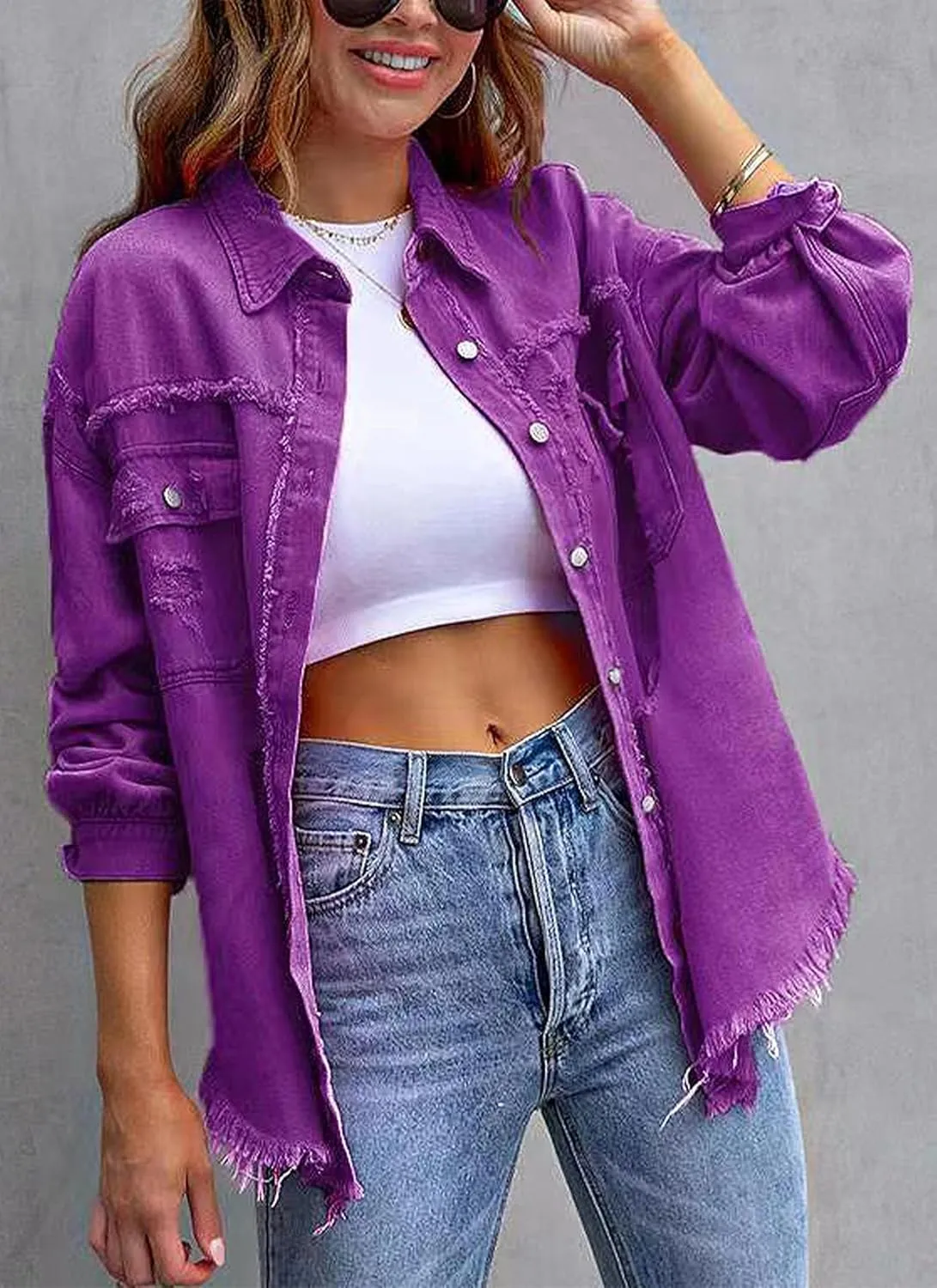 Womens Ripped Denim Jacket Oversized Boyfriend Button Front Frayed Hem Shacket Distresse Jean Coat with Pockets