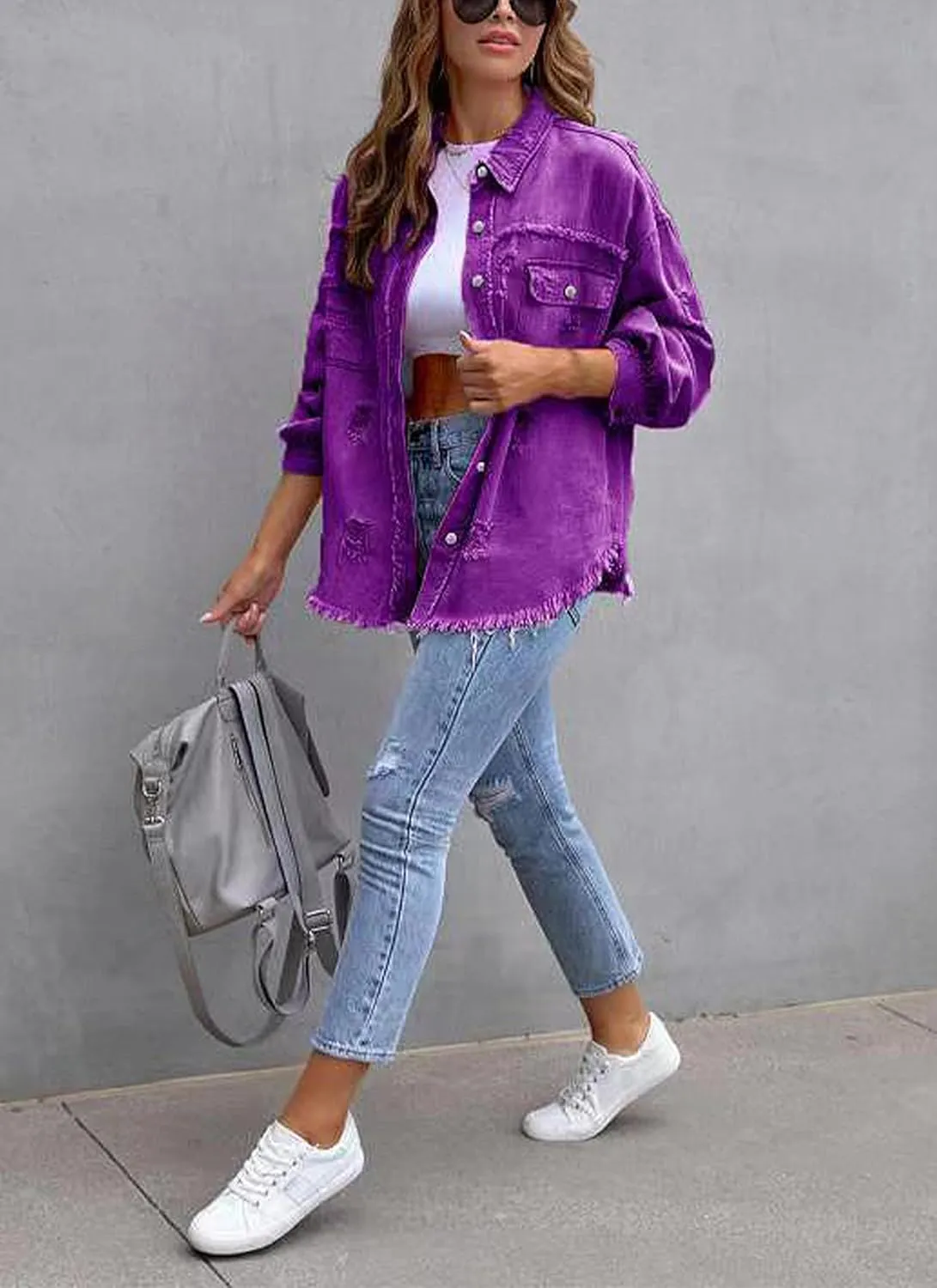 Womens Ripped Denim Jacket Oversized Boyfriend Button Front Frayed Hem Shacket Distresse Jean Coat with Pockets