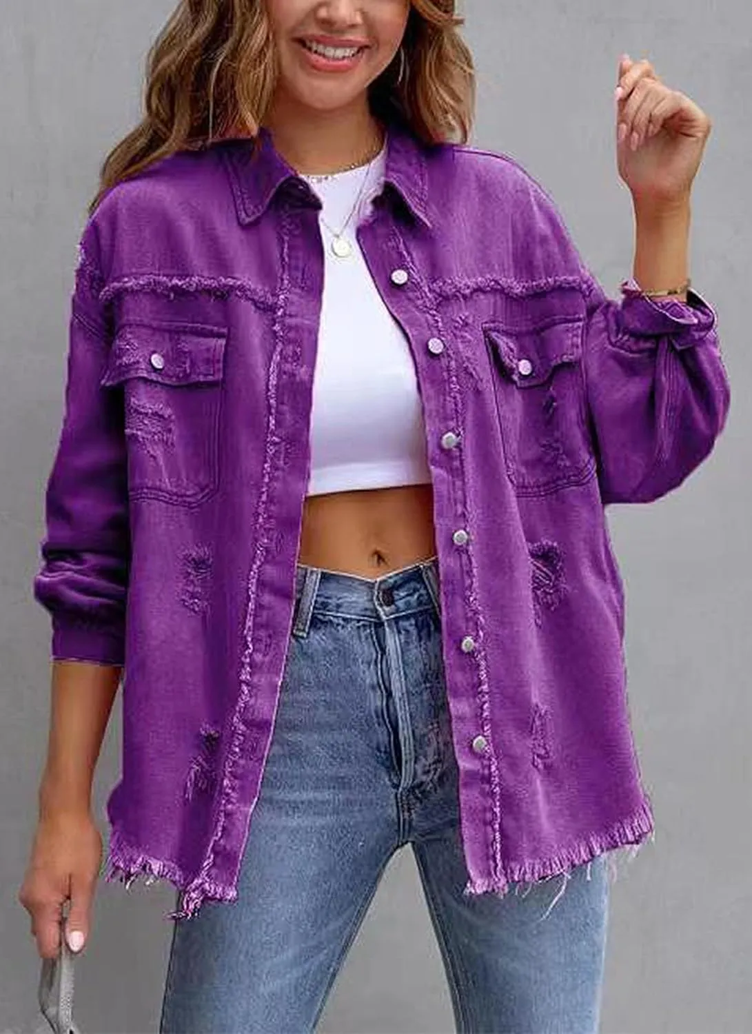 Womens Ripped Denim Jacket Oversized Boyfriend Button Front Frayed Hem Shacket Distresse Jean Coat with Pockets