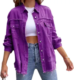 Womens Ripped Denim Jacket Oversized Boyfriend Button Front Frayed Hem Shacket Distresse Jean Coat with Pockets