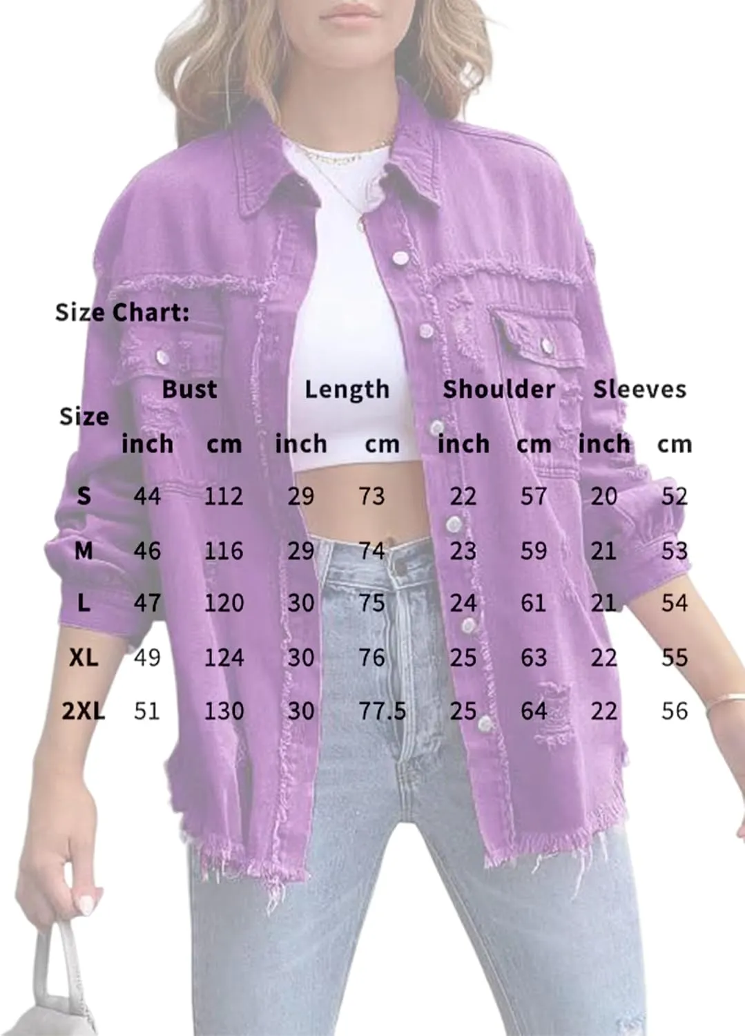 Womens Ripped Denim Jacket Oversized Boyfriend Button Front Frayed Hem Shacket Distresse Jean Coat with Pockets