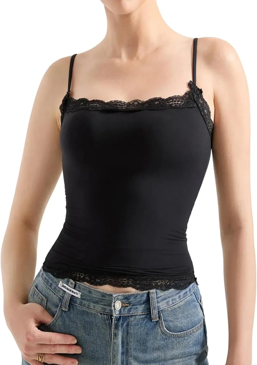 Women's Sexy Square Neck Lace Trim Cami Tank Tops Fitted Sleeveless Crop Spaghetti Strap Summer Y2k Tops