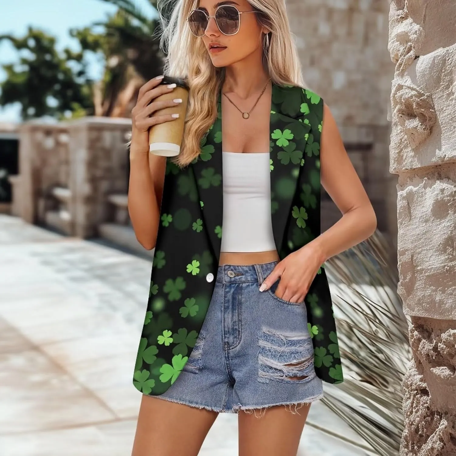 Women's Sleeveless Blazer Vest Open Front Casual Suit Blazer V-Neck Lapel Outerwear Vests