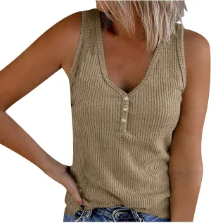 Women's Sleeveless Henley Shirts Ribbed Tank Tops V Neck Button Down Tshirt Summer Casual Tee Blouse