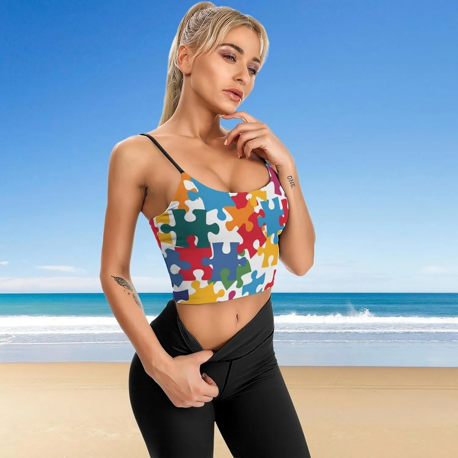 Women's Sleeveless Tank Tops, Summer Womens Shirts Colour Jigsaw Printed Camisole