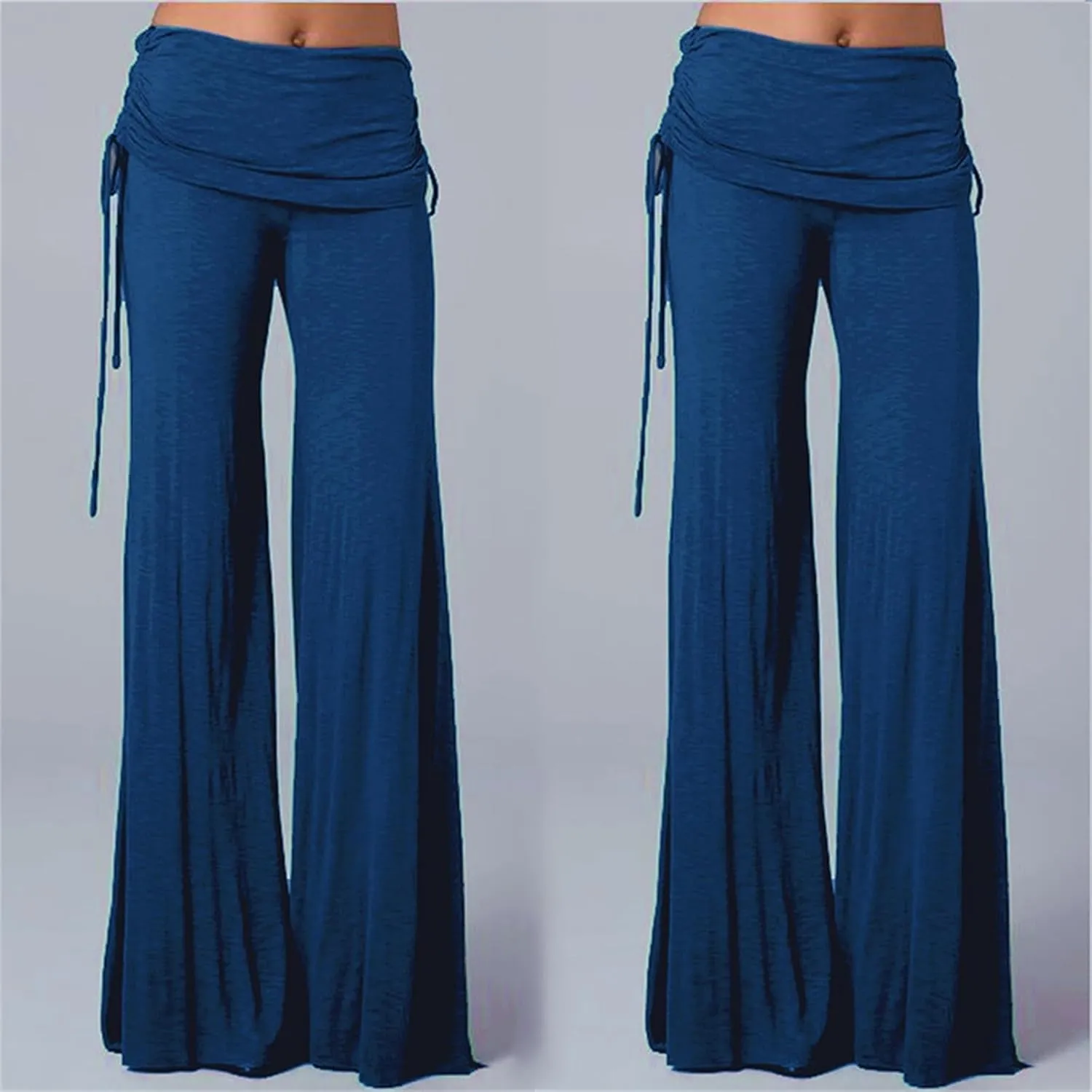 Womens Soft Comfy Yoga Pants Pleated Fold Waist Lacing Flowy Wide Leg Trousers Casual Loose Gym Fitness Workout Dance Pants