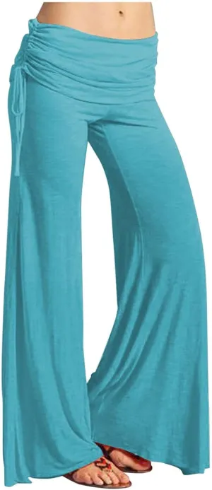 Womens Soft Comfy Yoga Pants Pleated Fold Waist Lacing Flowy Wide Leg Trousers Casual Loose Gym Fitness Workout Dance Pants