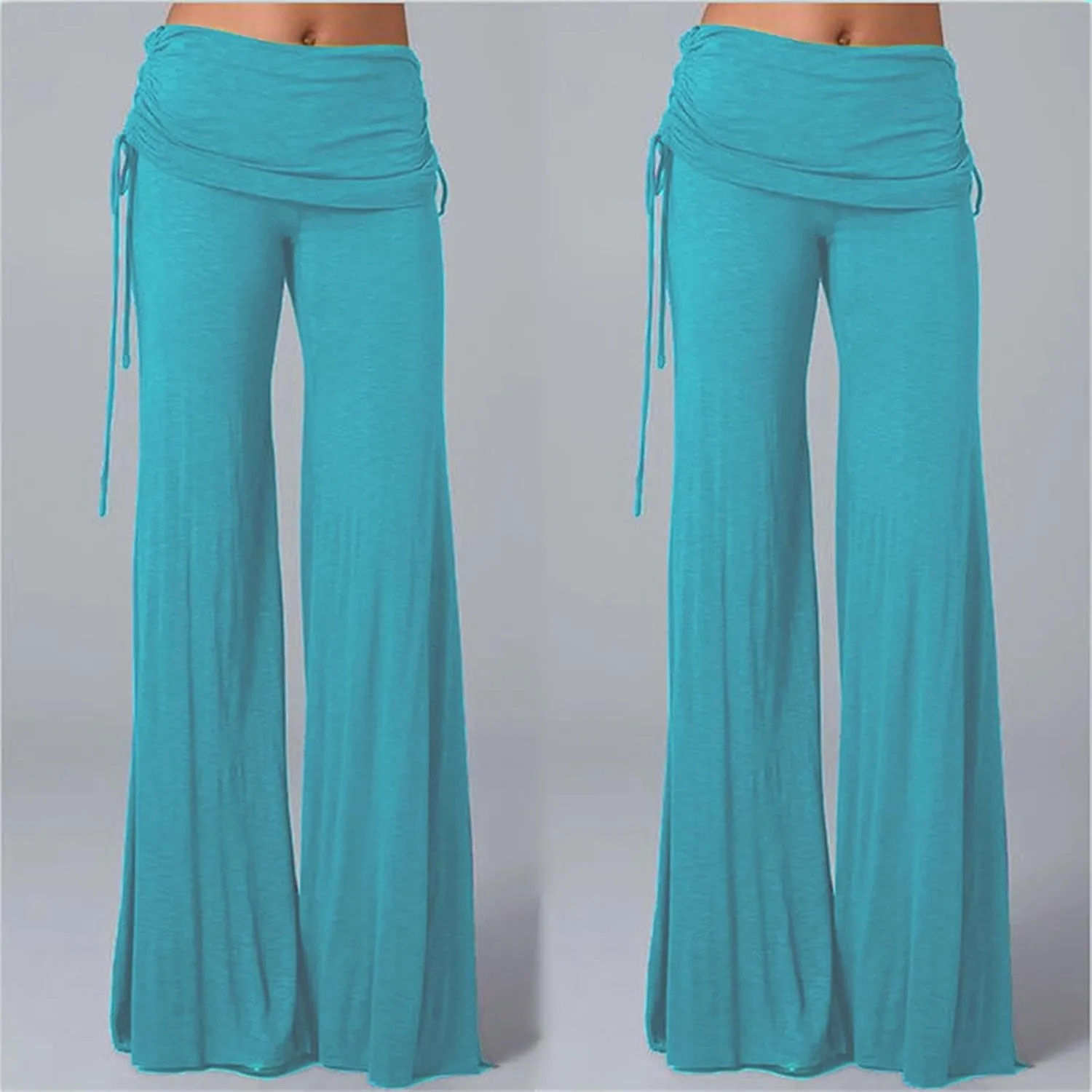Womens Soft Comfy Yoga Pants Pleated Fold Waist Lacing Flowy Wide Leg Trousers Casual Loose Gym Fitness Workout Dance Pants