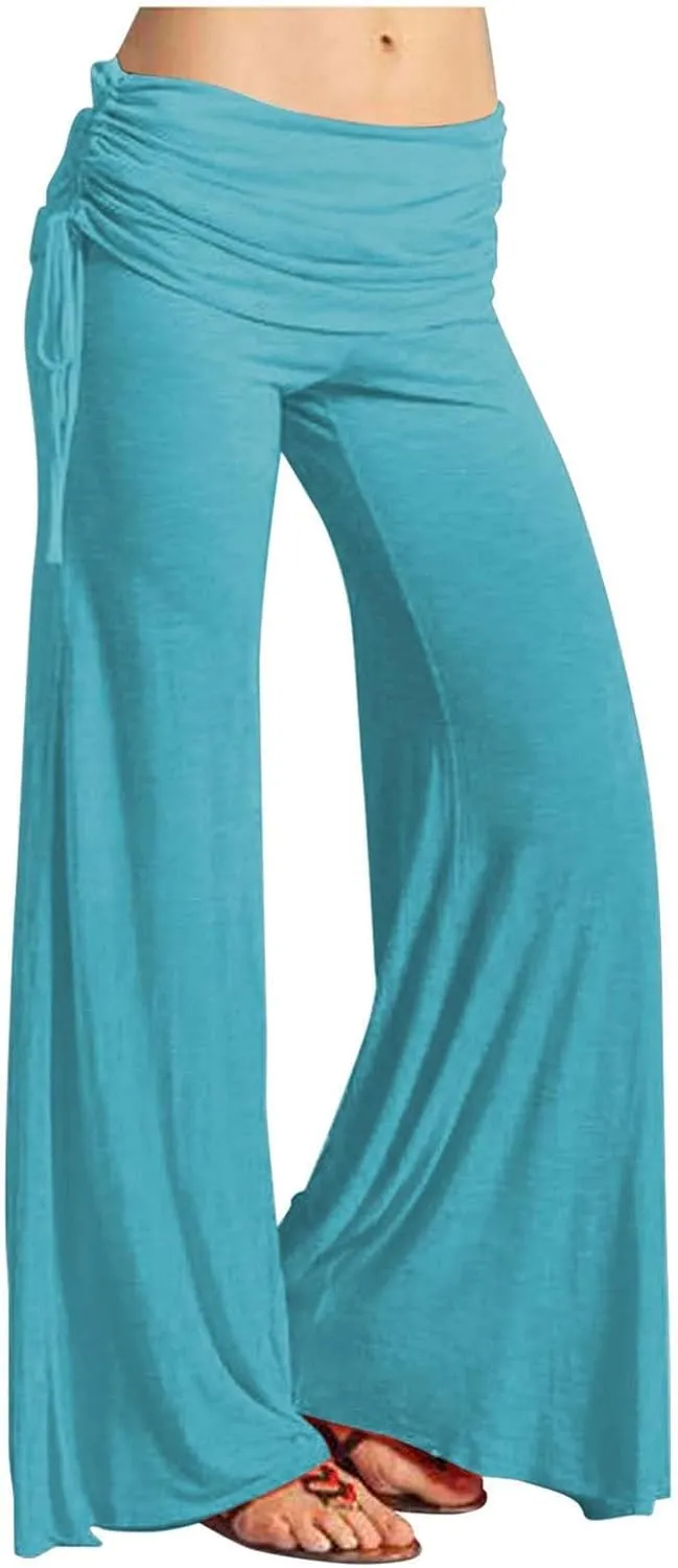 Womens Soft Comfy Yoga Pants Pleated Fold Waist Lacing Flowy Wide Leg Trousers Casual Loose Gym Fitness Workout Dance Pants
